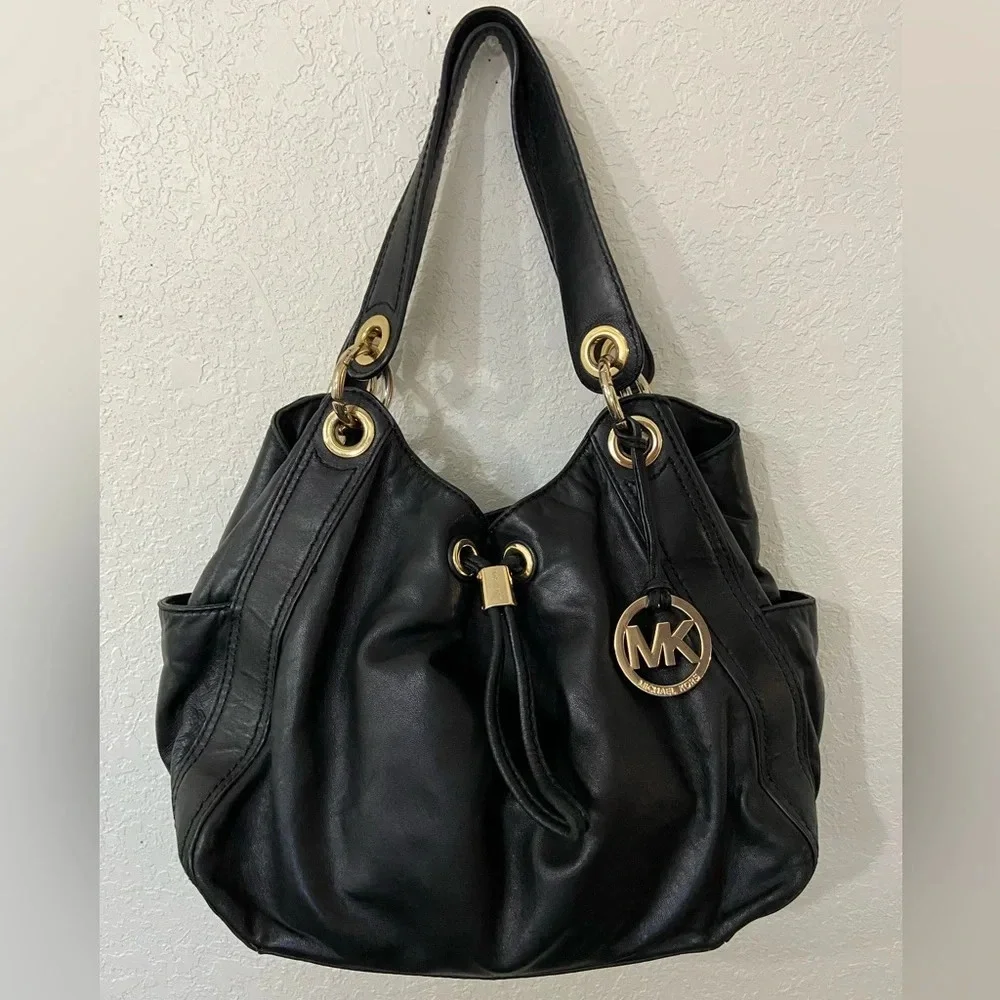 MICHAEL Michael Kors Black Leather Shoulder Bag with Gold Hardware